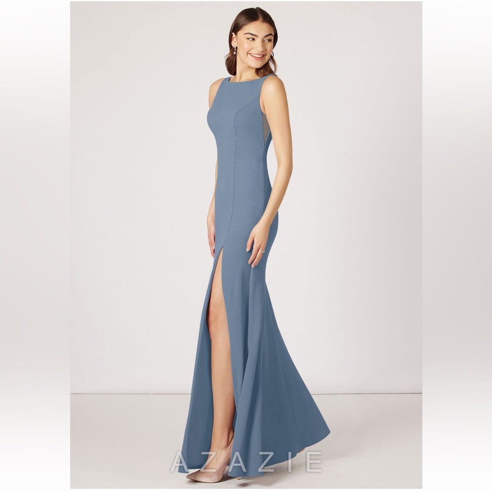 Azazie Slate Blue High-Neck Sleeveless Gown with Front Slit
